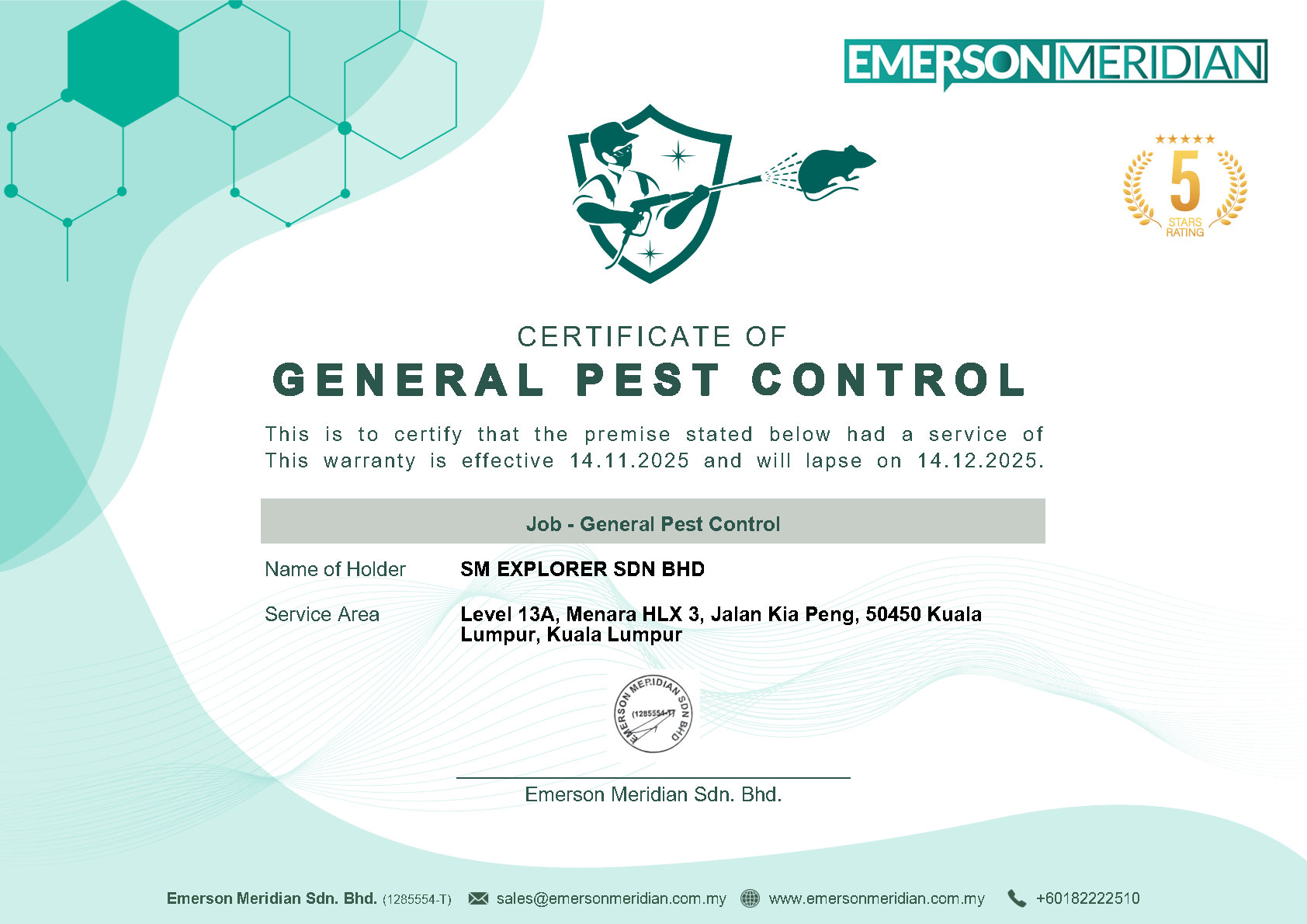 Certificate of General Pest Control - Emerson Meridian